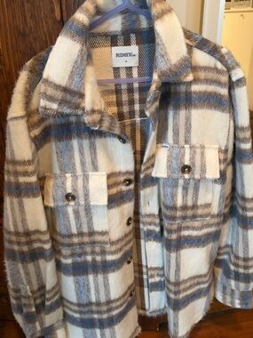 Riders by Lee Cream Plaid Shacket with Blue & Brown Stripes